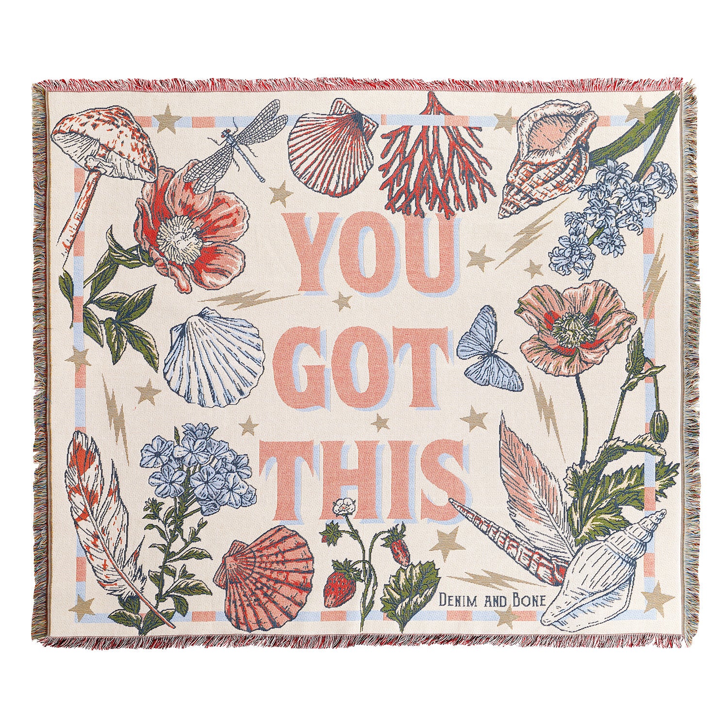 Woven throw blanket featuring "You Got This" artwork with wildflowers, seashells, butterflies, and botanical illustrations.