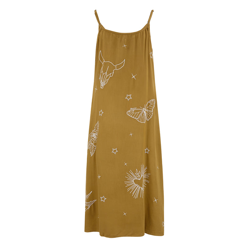 Embroidered, Khaki Slip Dress – Denim And Bone