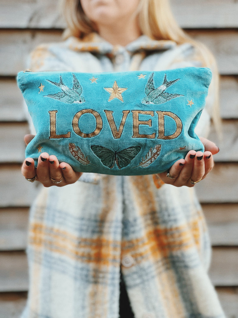 'Loved' Bluebird Embroidered Velvet Pouch