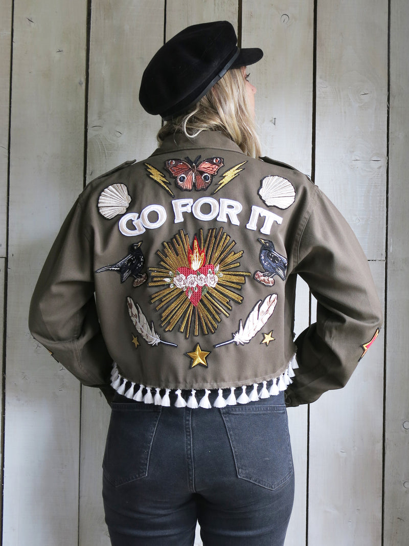 'Go For It' Cropped Embroidered Khaki Jacket