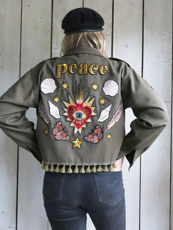'Peace' Cropped Embroidered Khaki Jacket