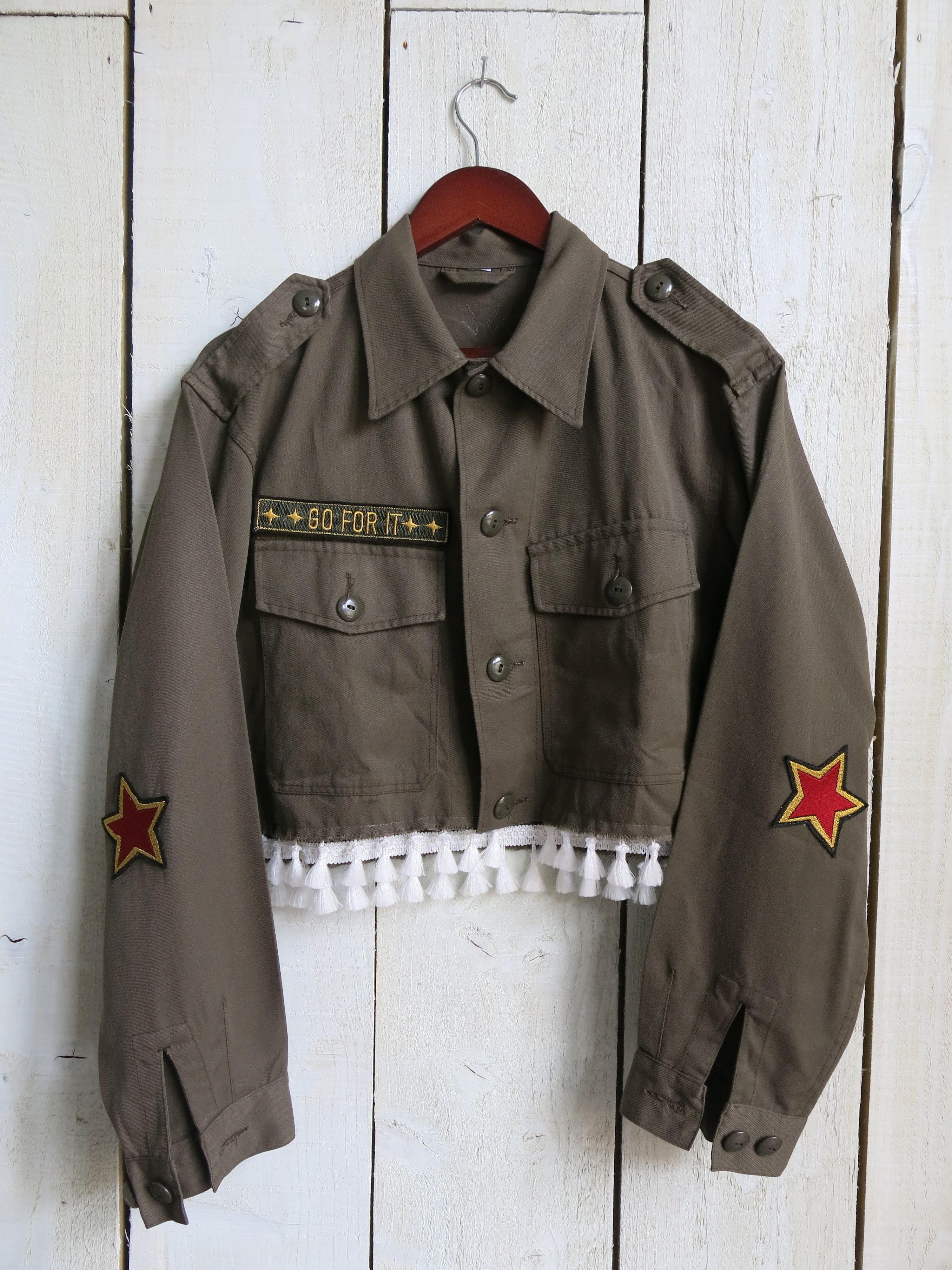 'Go For It' Cropped Embroidered Khaki Jacket