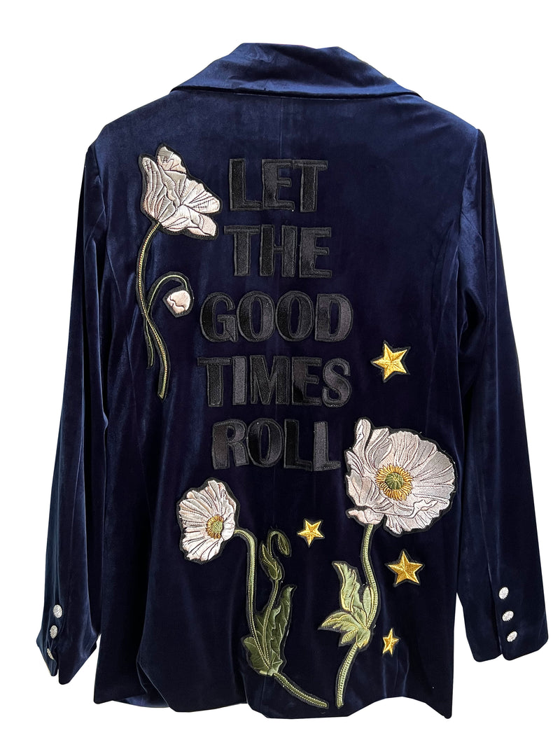 'Let the good times roll' Embroidered, Midnight Blue, Velvet Blazer