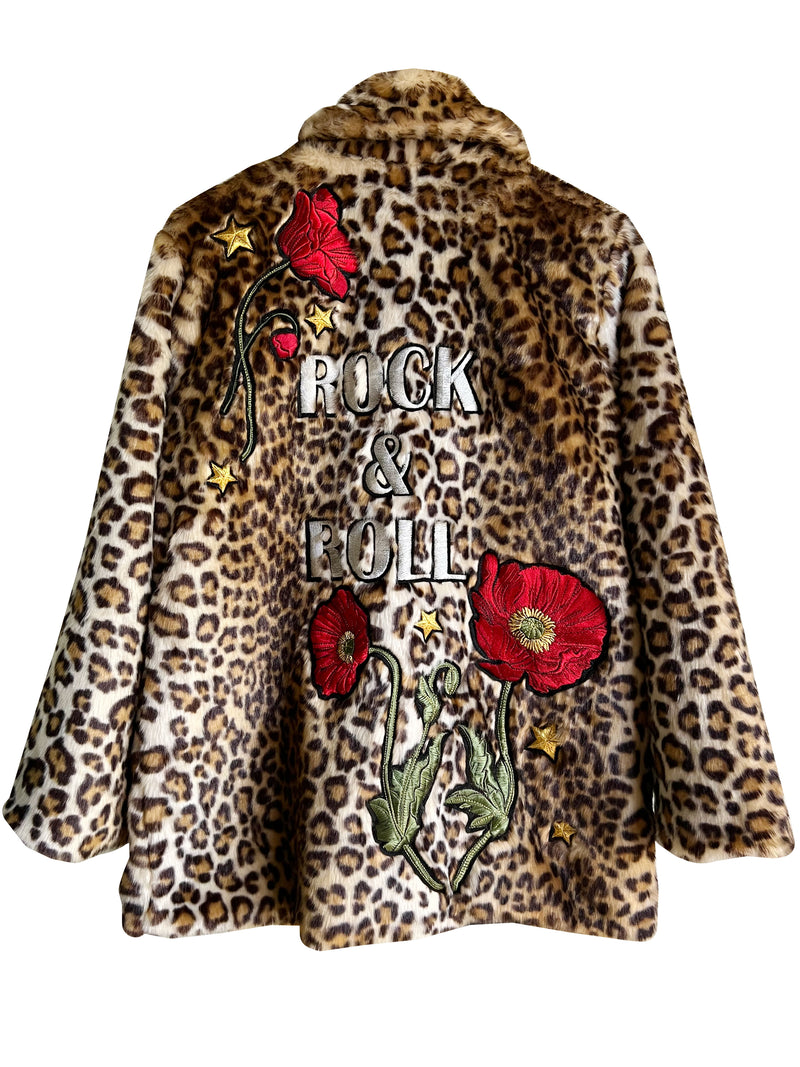 'Rock And Roll' Embroidered, Leopard Print, Faux Fur Coat