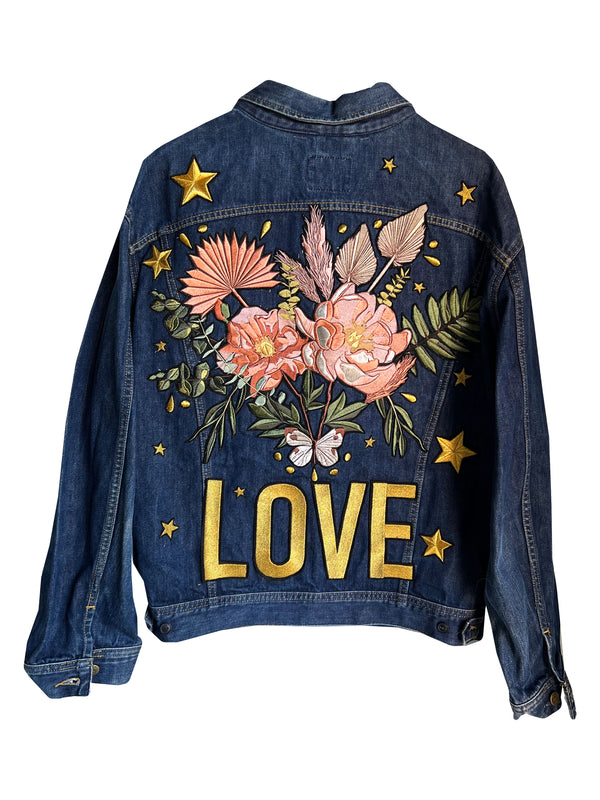 'Love' Embroidered Bouquet Denim Jacket