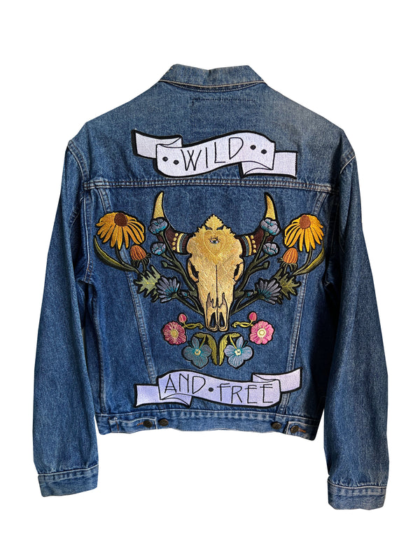 'Wild And Free' Studded and Embroidered Denim Jacket - M