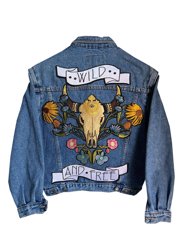 'Wild And Free' Embroidered Denim Jacket - M