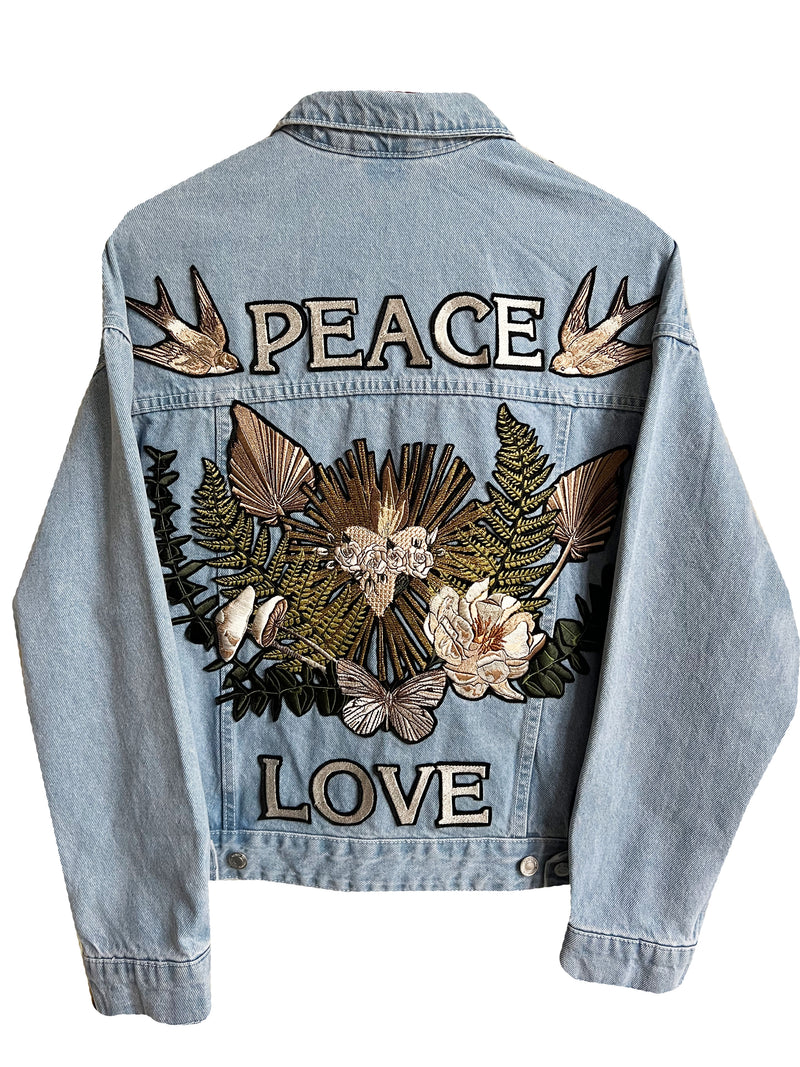 Peace, Love Heart Embroidered Denim Jacket - M/L