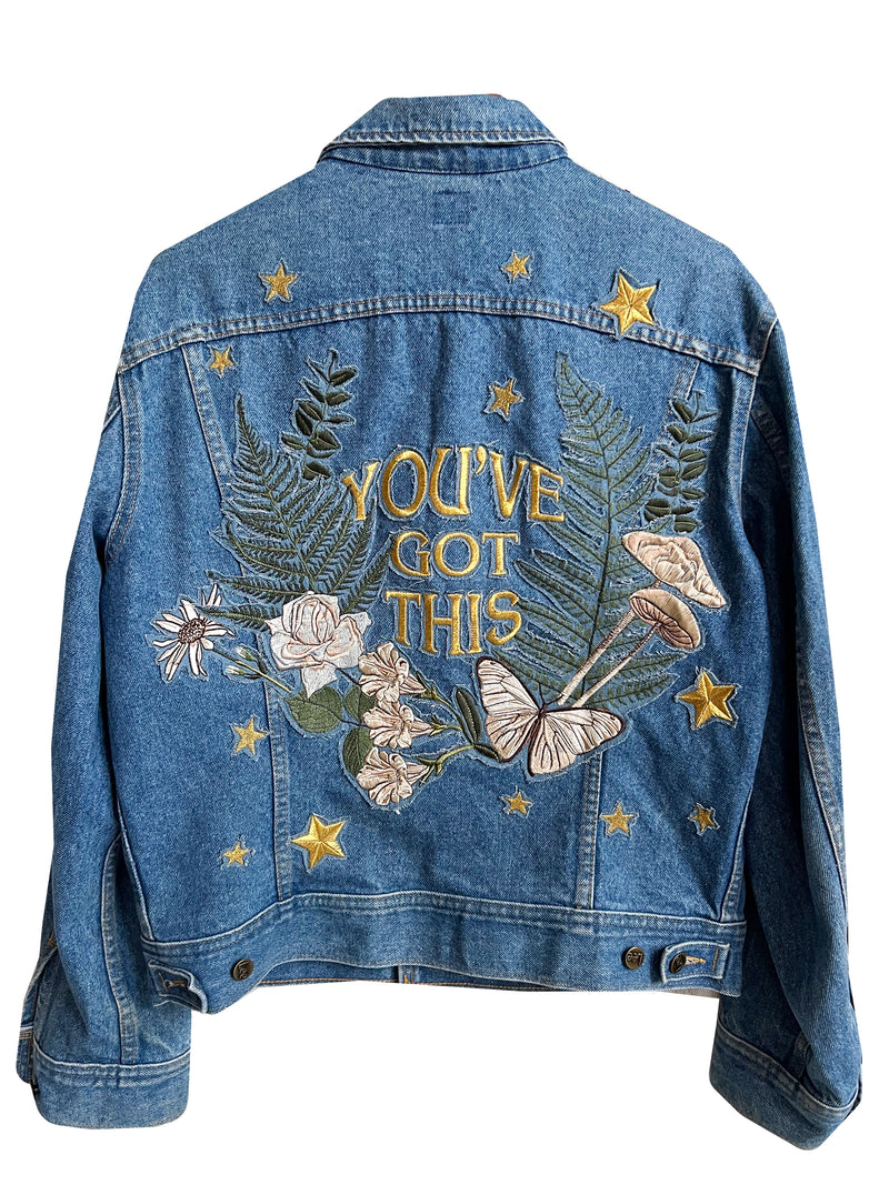 'You've Got This' Botanical Embroidered Denim Jacket - M