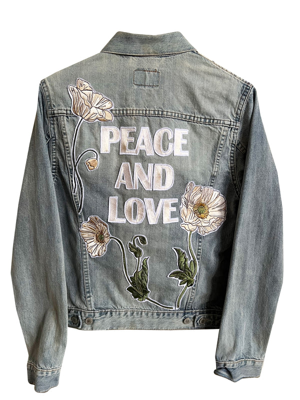 'Peace And Love' White Poppy Embroidered Denim Jacket - M