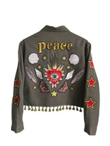 'Peace' Cropped Embroidered Khaki Jacket