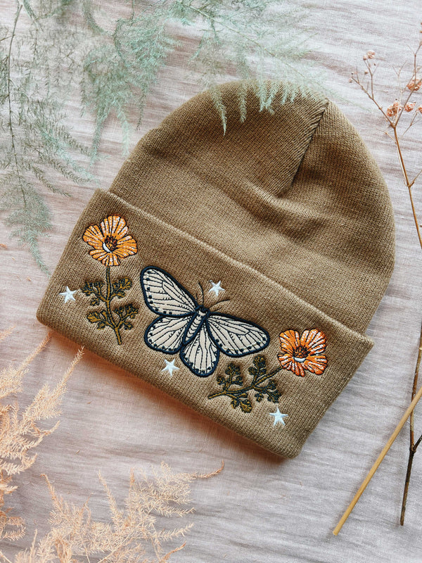 The Moth and the Poppy Embroidered Beanie