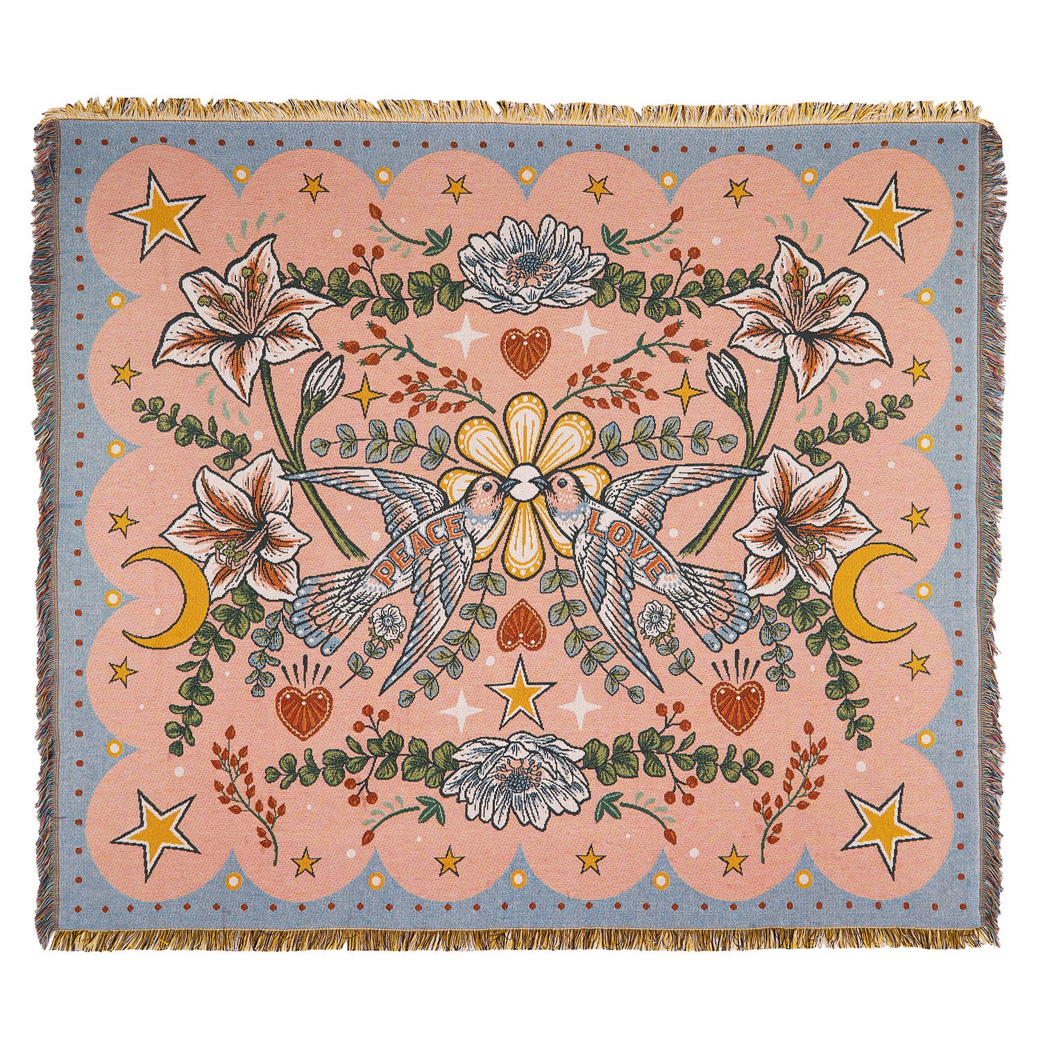 Woven throw blanket featuring hummingbirds, lilies, stars, moons, and "Peace Love" artwork on a pink background.