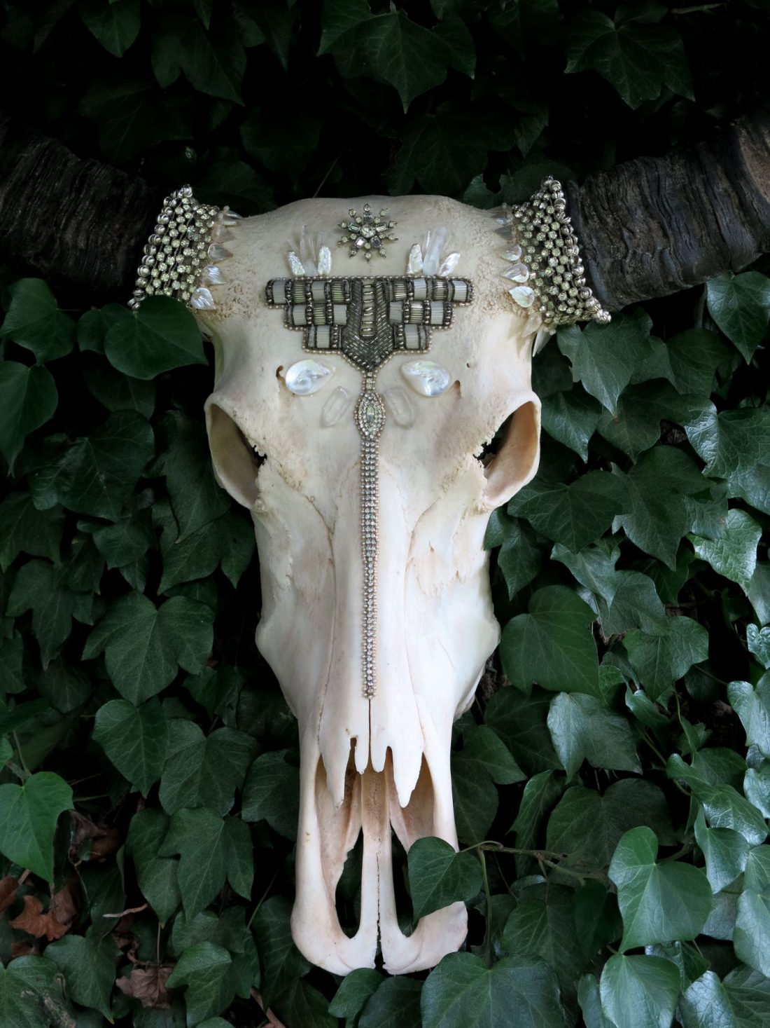 Handcrafted Thai buffalo skull wall hanging displayed against green foliage, featuring intricate silver bead embroidery, crystal accents, and natural black horns.