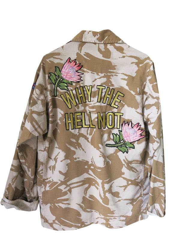 'Why The Hell Not' Embroidered Sand Camo Jacket
