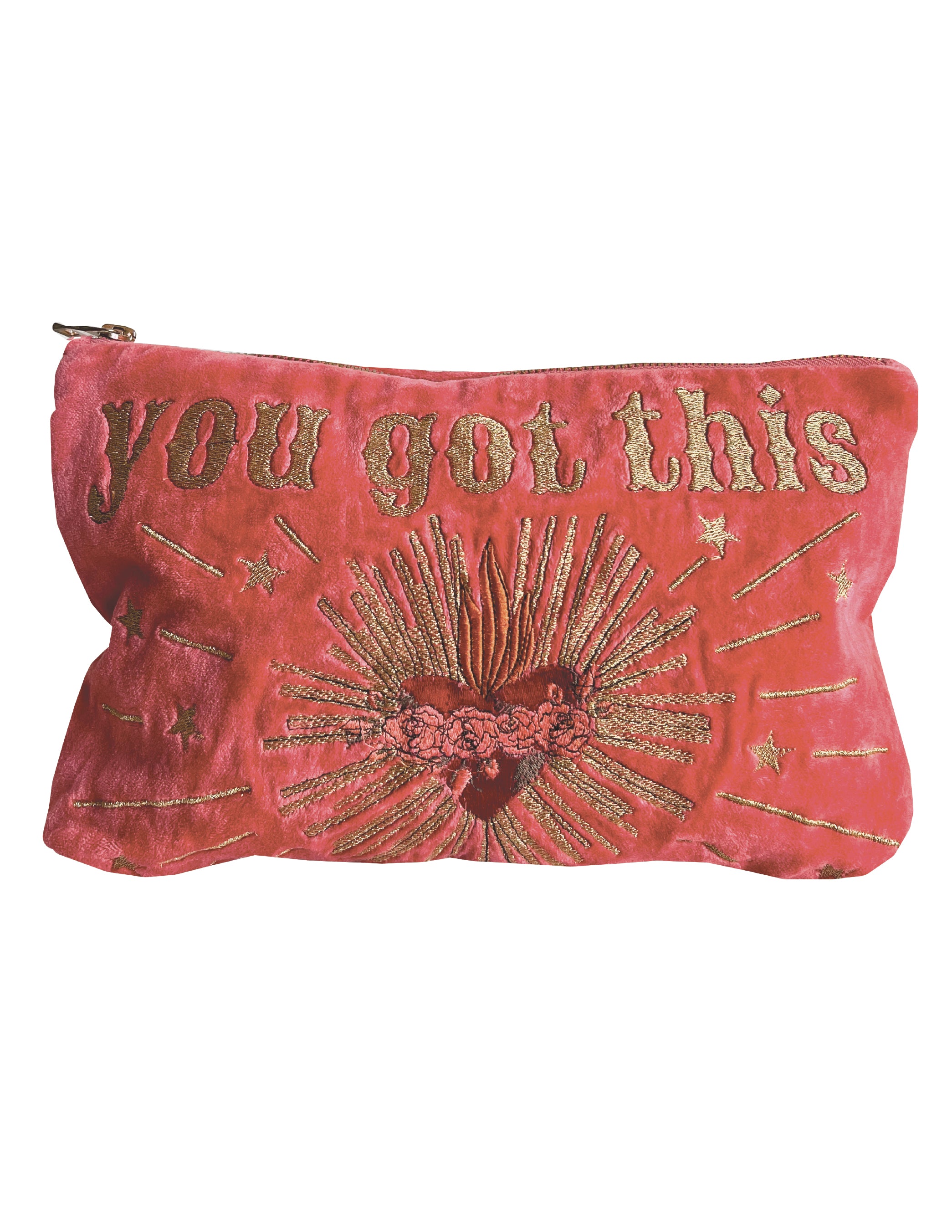 A pink velvet pouch with the embroidered text 'you got this' and a heart motif, closed with a bronze zipper.